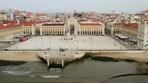 Aerial view of the main square Commerce square, statue of King Jose I and Stock Footage 246831126