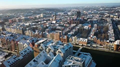 Aerial view of the Main town of Gdansk at snowy winter, Poland Stock Footage 234123780