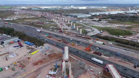 Aerial view of major HS2 civil engineering works and construction of concrete Stock Footage 340268564