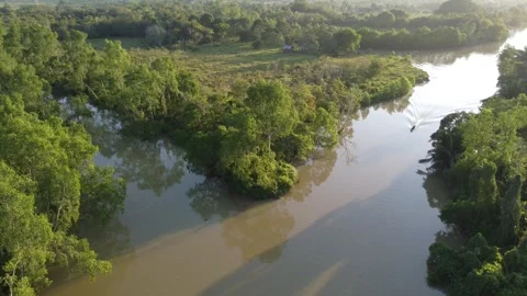 Aerial view of major river crossing at eveningand seen a boat engine that i.. Stock Footage 247940681