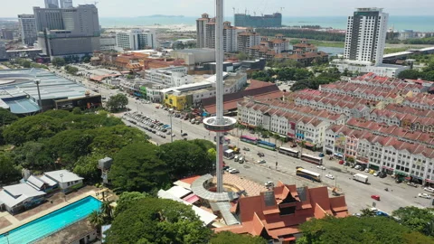 Aerial view of Malacca cityscape with Taming Sari Stockbeeldmateriaal 97798341