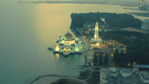 Aerial view of Malacca floating mosque lighted up in night, Malaysia Stock Footage 120733552