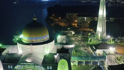 Aerial view of Malacca floating mosque lighted up in night, Malaysia Stock Footage 120733915