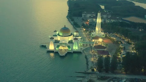 Aerial view of Malacca floating mosque lighted up in night, Malaysia Stock Footage 120733943