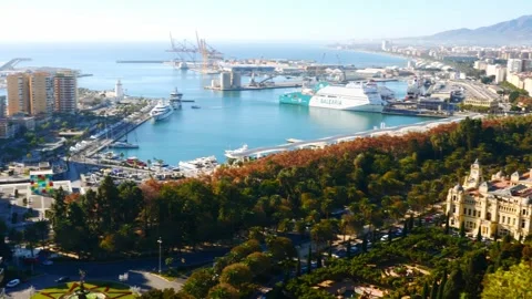 Aerial view of Malaga, Spain, featuring the port with cruise ships, industrial 動画素材 286221119