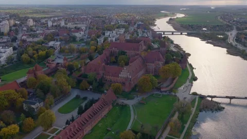 Aerial view of Malbork Castle and Nogat River in Malbork, Poland Stock Footage 320189146