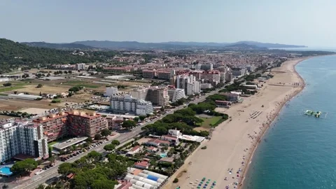 Aerial view of Malgrat de Mar beach and Mediterranean coastline Stock Footage 330748831