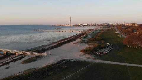 AERIAL VIEW ON MALMÖ BEACH Stock Footage 107776596