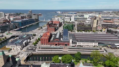 Aerial view of Malmo Port and Central Railway Station, Sweden Stock Footage 336189074