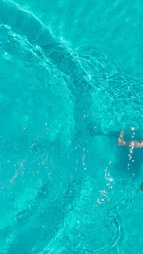 Aerial view as a man dives into the pool and swims. Slow motion Stock Footage 314837551