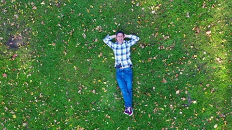 Aerial view from man lying on the grass Vidéo 142326684