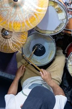 Aerial view man practicing drums Stock Photos