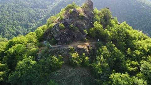 Aerial view of a man running to the right on the hill path with the forest Stock Footage 229878391