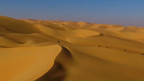 Aerial view of a man standing on the edge of dunes, U.A.E. Stock Footage 103051739