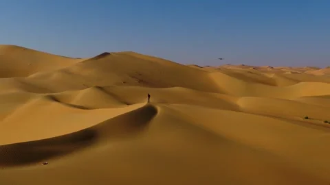 Aerial View of a man standing on the edge of dunes. Stock Footage 345224178