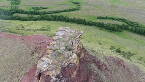Aerial view, man on the top of mountain Sunduki in Khakassia, Russia. Stock Footage 314695072