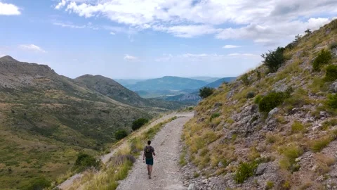 Aerial View of Man Walking Alone Through Mountains Stock Footage 338006383
