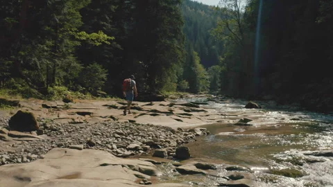 Aerial view of a man walking along a river in a mountain canyon. Stock Footage 265559536