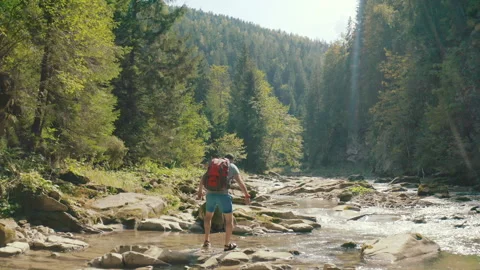 Aerial view of a man walking along a river in a mountain canyon. Stock Footage 265561271