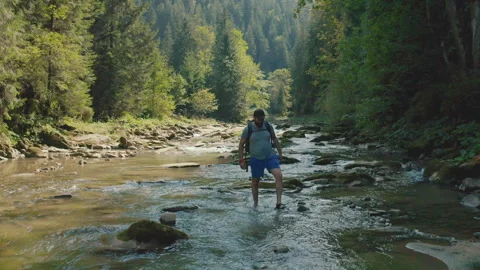 Aerial view of a man walking along a river in a mountain canyon. Stock Footage 265562195