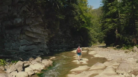 Aerial view of a man walking along a river in a mountain canyon. Stock Footage 265563503