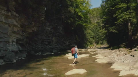 Aerial view of a man walking along a river in a mountain canyon. Stockbeeldmateriaal 265563517