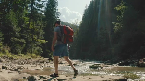 Aerial view of a man walking along a river in a mountain canyon. Stock Footage 265564694