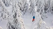 Aerial View Of Man Walking With Snowshoes On White Snow In Winter. Stock Footage