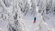 Aerial View Of Man Walking With Snowshoes On White Snow In Winter. Stock Footage