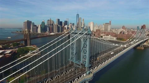 Aerial view of Manhattan bridge. Camera freezes. panorama of Manhattan Stock Footage 58567697