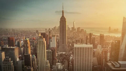 Aerial view of Manhattan skyline. Locked. Sunset. Vintage. Time lapse. 스톡 동영상 69100613