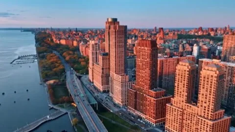 Aerial View Of Manhattan Upper West Side During Golden Hour Stock Footage 343166625
