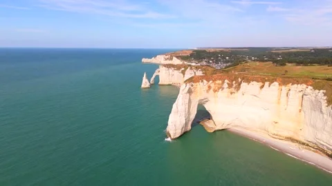 Aerial View Of Manneporte Arch And Etretat Cliffs Along Coastline Stock Footage 341130734