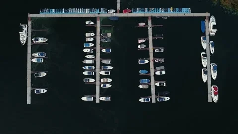 Aerial view of many different yachts, catamarans moored at the docks Stock-Footage 140016100
