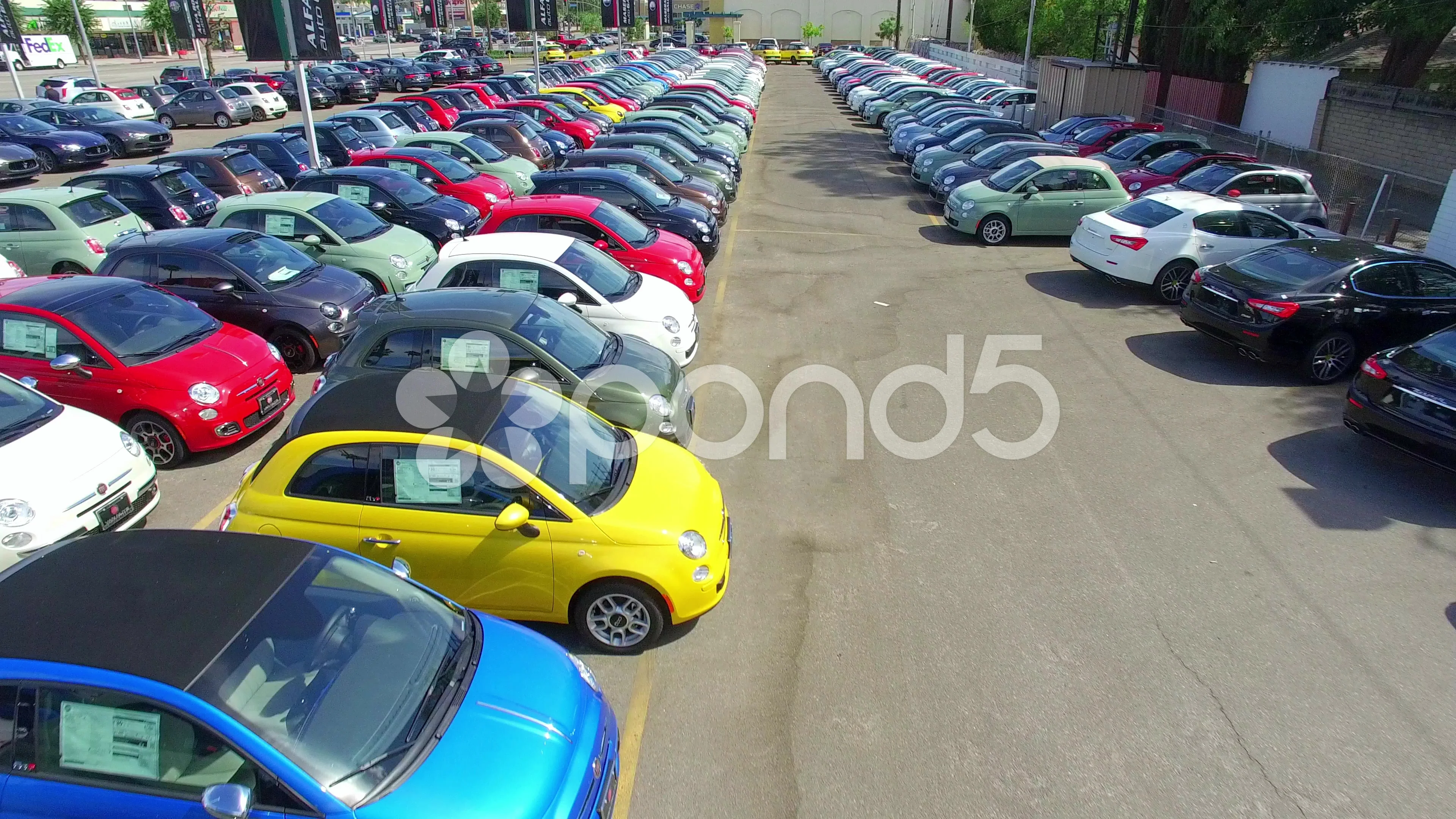 Aerial view of many new cars for sale at cars dealership in Los Angeles, 4K