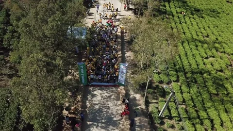 Aerial view of many people started running on the mountain road of Cau Dat fa Stock Footage 131071508