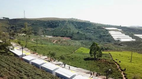 Aerial view of many people started running on the mountain road of Cau Dat fa Stock Footage 131071602
