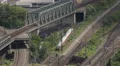 Aerial View Many Railway Tracks Train Approaching Regional Express Arriving Day HD Footage