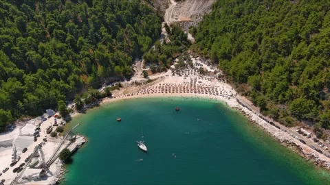 Aerial view of Marble Beach with turquoise water in Thasos, Greece. Stock Footage 346624418