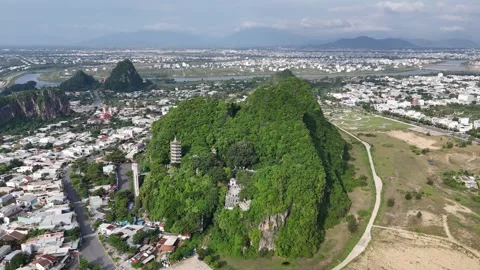 Aerial View of Marble Mountains and Da Nang, Vietnam Stock Footage 335833703