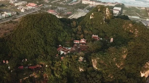 Aerial view of the Marble Mountains, Da Nang, Vietnam Stock Footage 92354626