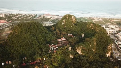 Aerial view of the Marble Mountains, Da Nang, Vietnam Stock Footage 92354629
