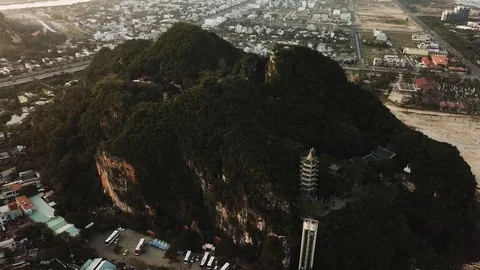 Aerial view of the Marble Mountains, Da Nang, Vietnam Stock Footage 92355112