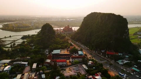 Aerial view of marble mountains in da nang at sunset, vietnam,  buddhist te.. Stock-Footage 335028519