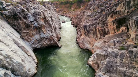 Aerial View of Marble Rocks at Bhedaghat, Jabalpur, Madhya Pradesh Stock Footage 340751542