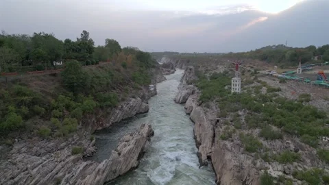 Aerial View of Marble Rocks at Bhedaghat, Jabalpur, Madhya Pradesh Stock Footage 340751897