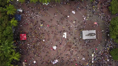 Aerial View of a march of Colombians demanding rights and against tax reform Stock Footage