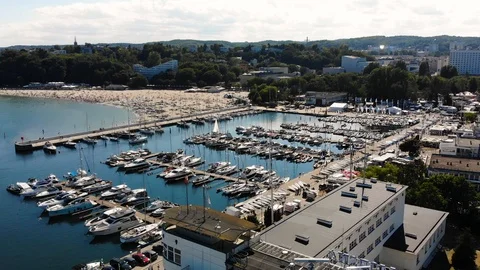 Aerial view of the marina Gdynia, drone flying over yachts Stock Footage