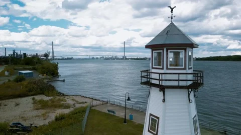 Aerial view of Mariners lighthouse in Belanger park along Detroit river, De.. Stock Footage 317348390