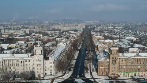 Aerial view. Mariupol. Central street. A month before the Ukrainian war begin. Stock Footage